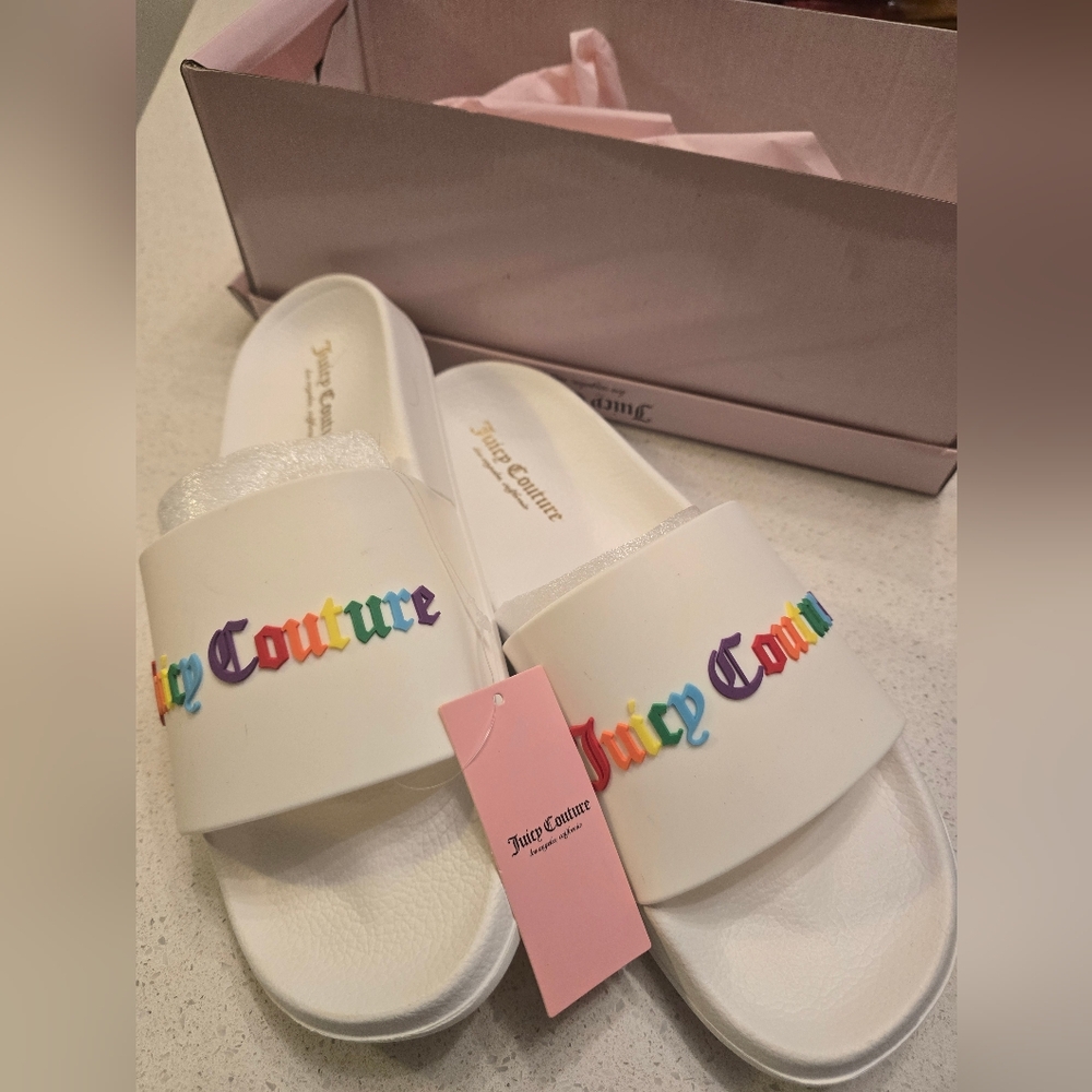 Juicy Couture White Slides with Rainbow Logo